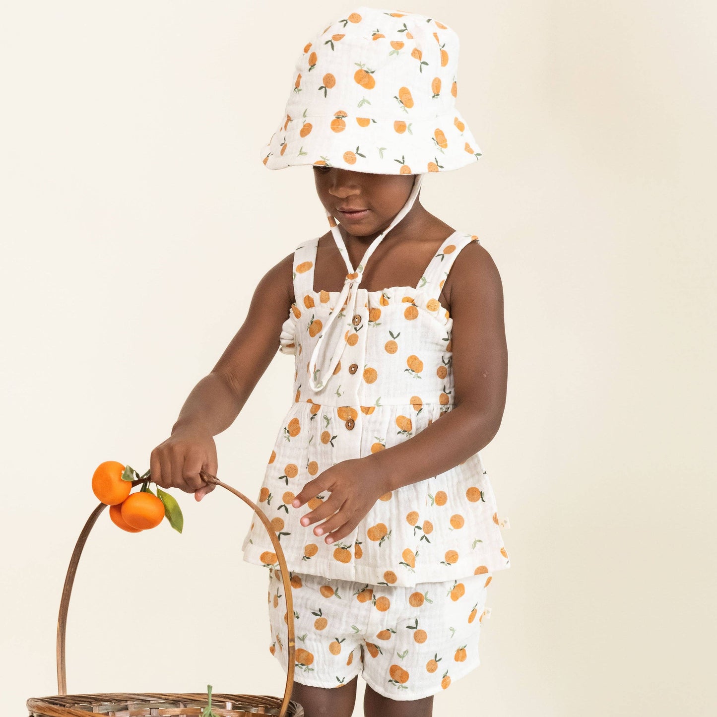 Mandarin organic peplum top and shorts set for girls matching two piece front view
