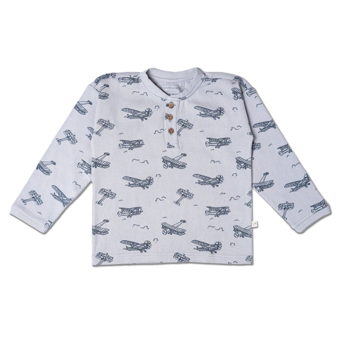 Ready for Take Off organic cotton henley for kids soft aviation print front view