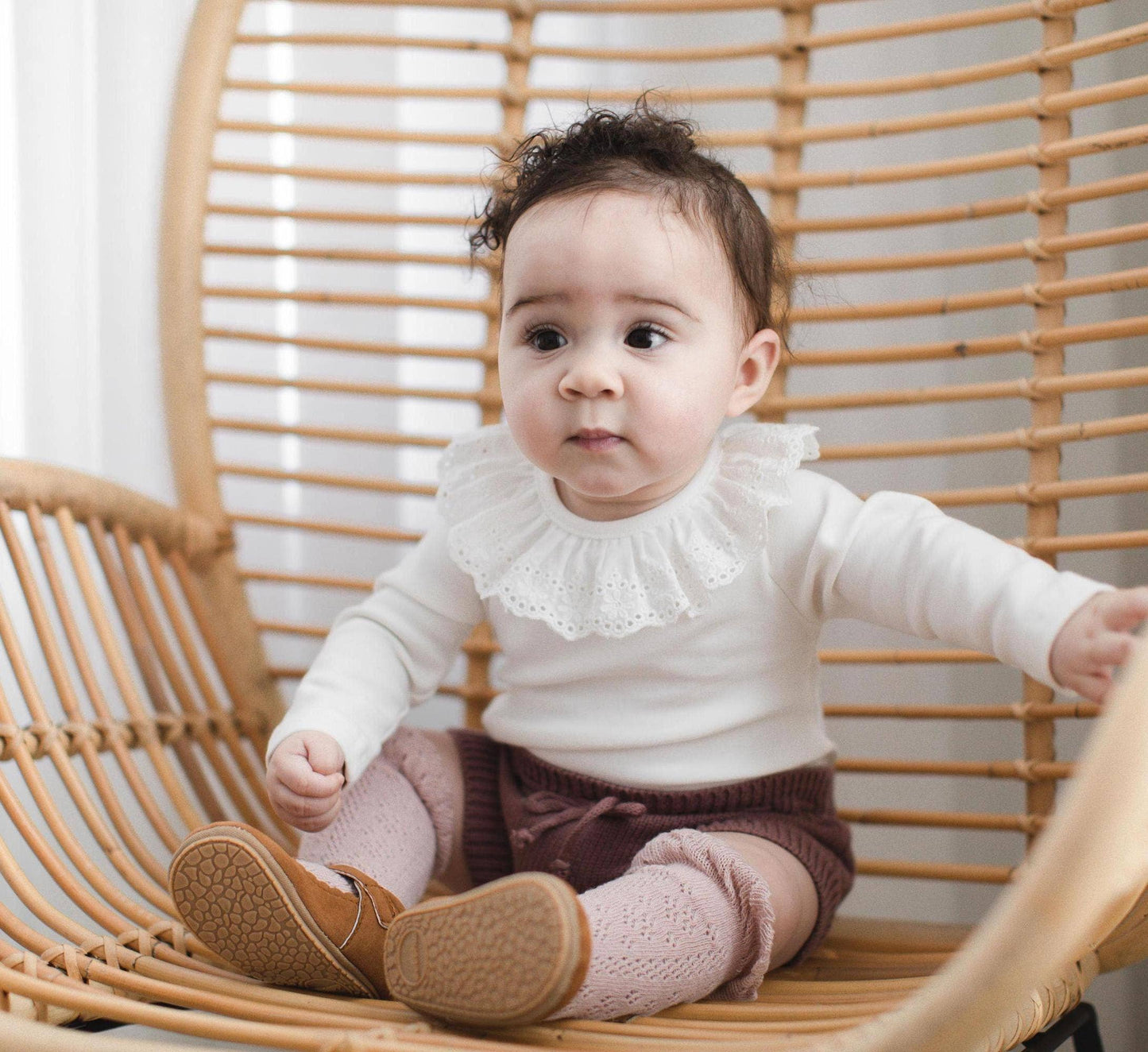Ruffle collar bodysuit for baby girls soft cotton with ruffle collar front view