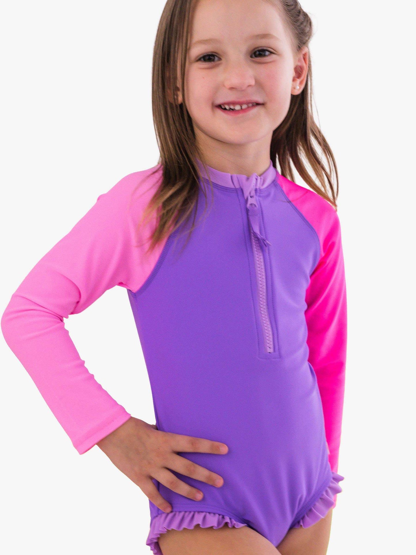Hi-Vis color block swimsuit for girls bright UPF sun protective front view