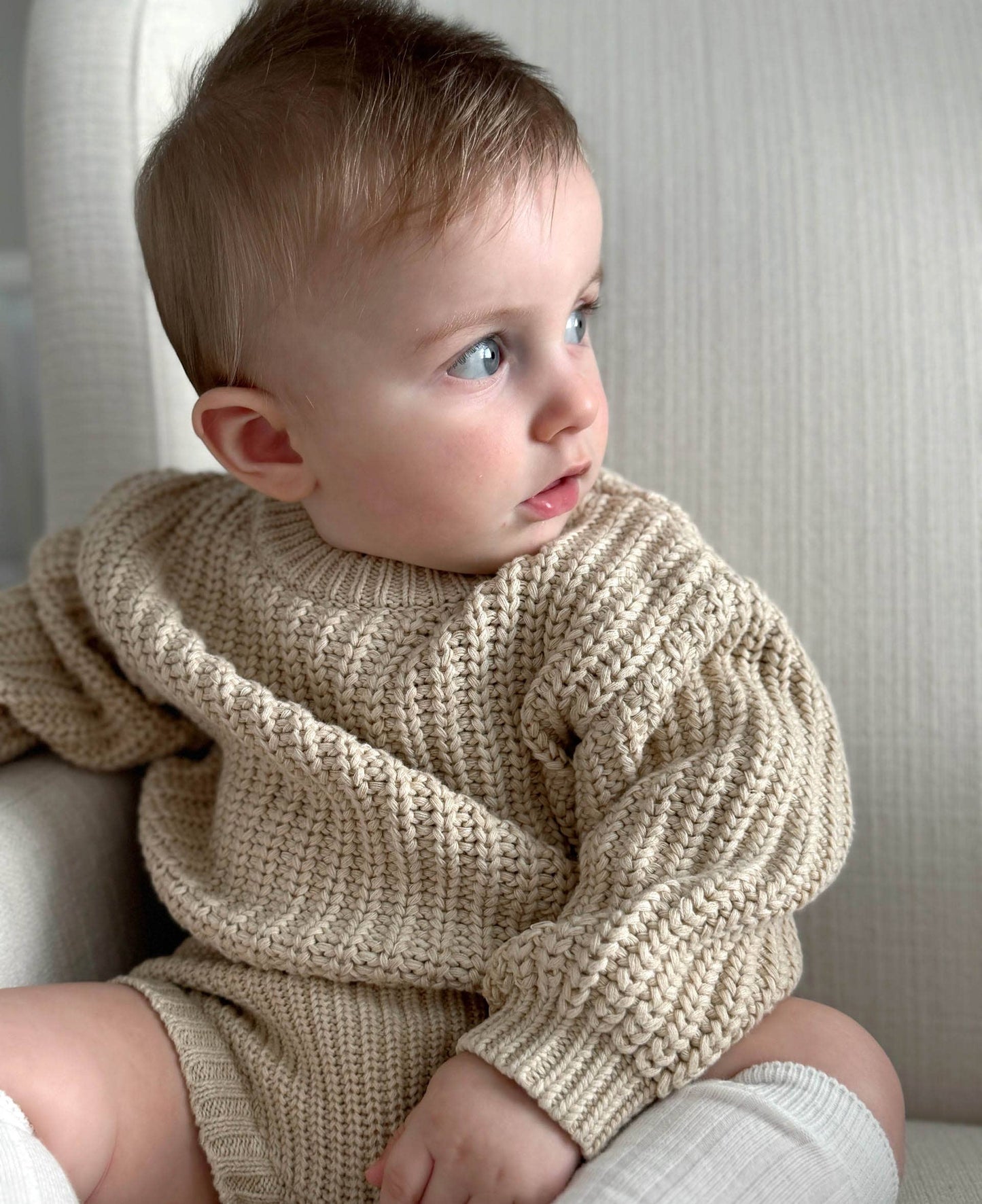 Baby cotton knit sweater soft worn lifestyle view