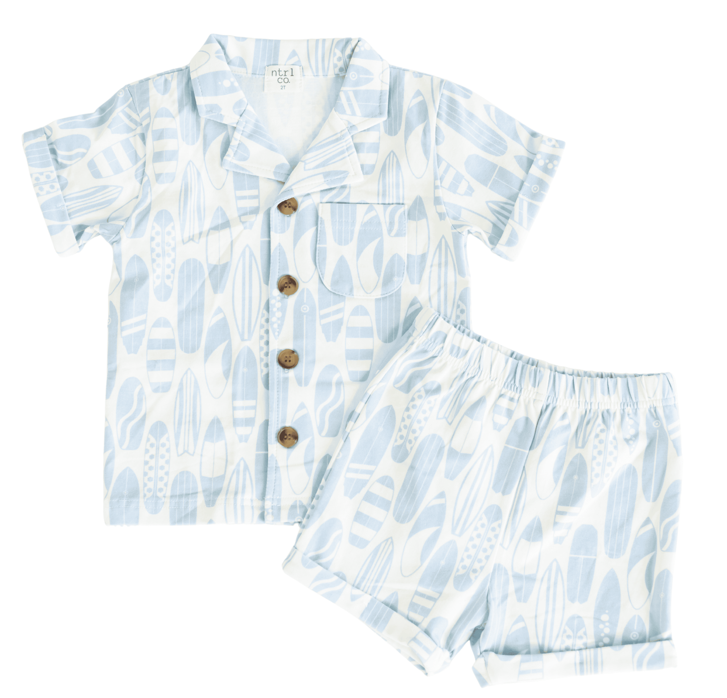 Surf's Up button-up top and shorts set for boys soft summer matching two piece front view
