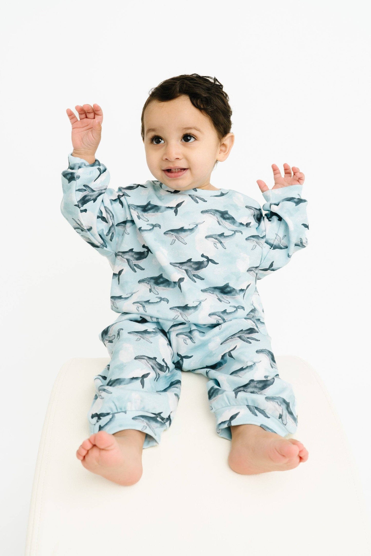 Whale Watch sweatsuit for kids soft matching set with whale print front view
