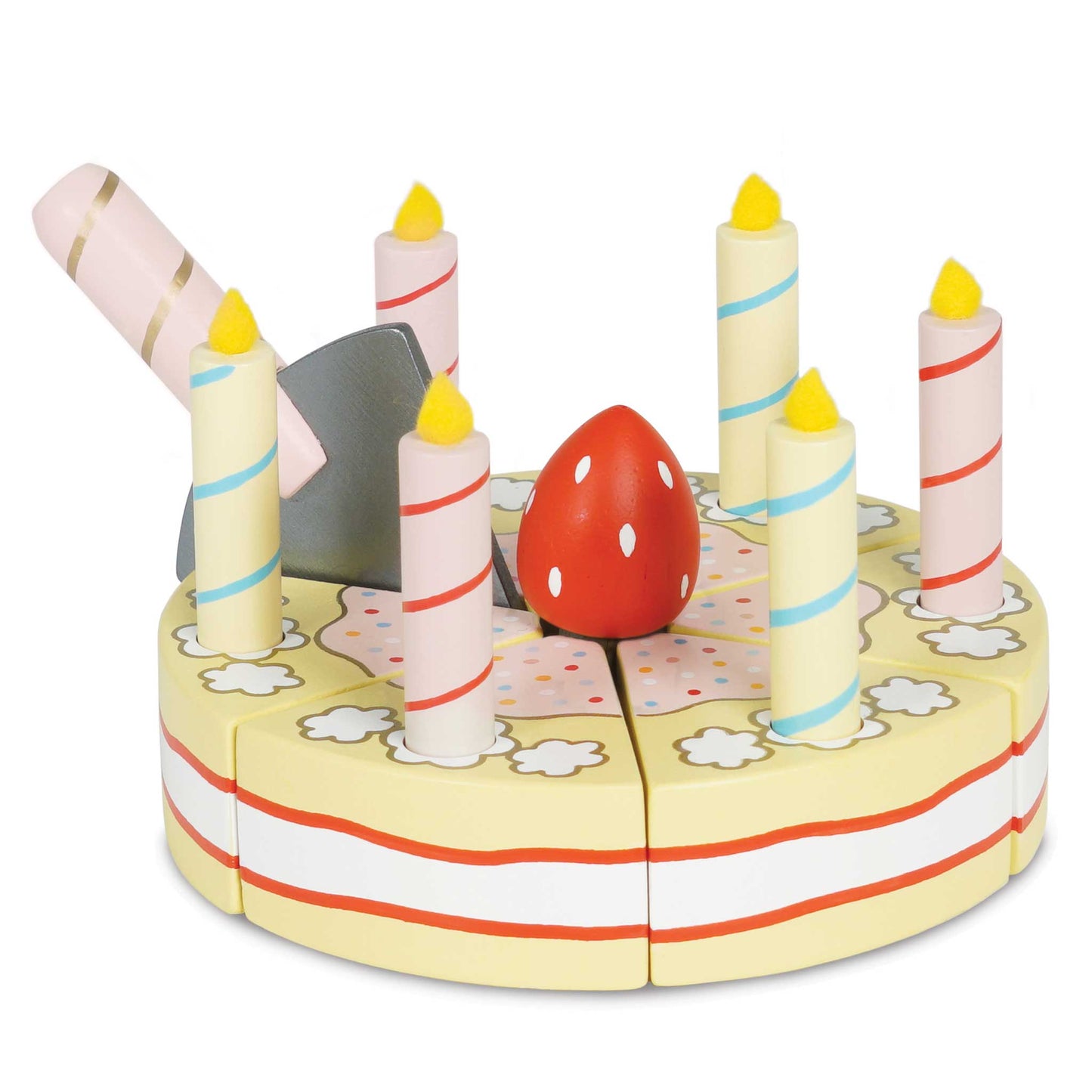 Wooden sliceable birthday cake and candles set for kids pretend play front view