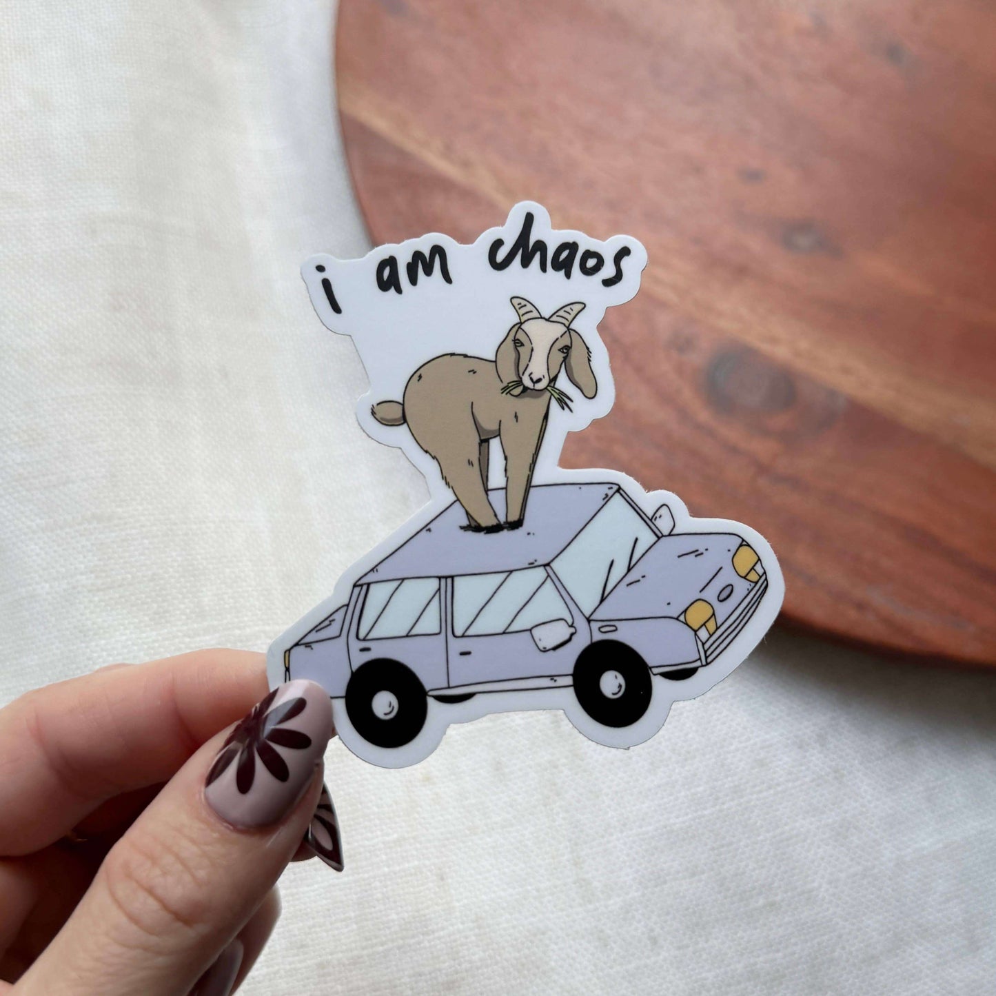 I Am Chaos Goat funny kids novelty sticker illustrated front view