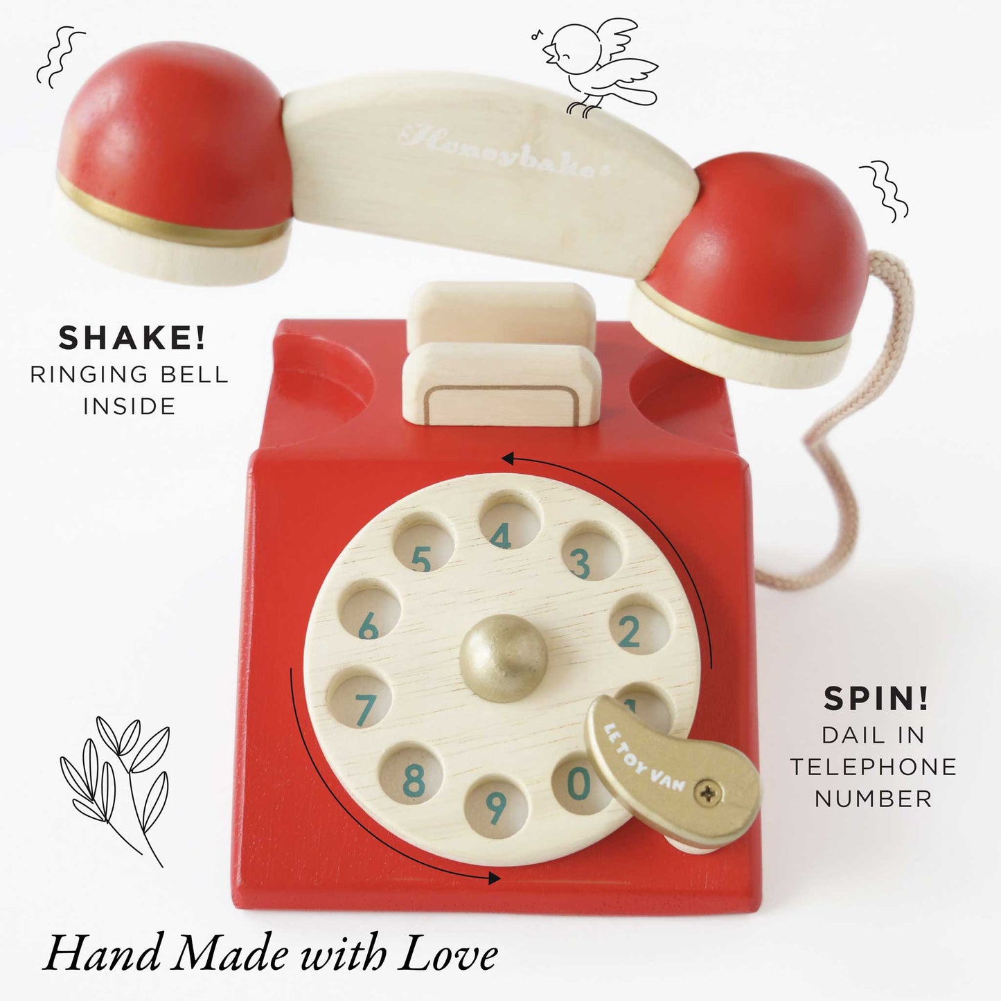 Wooden vintage play phone for kids imaginative pretend play boutique front view