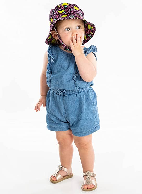 Kids black 90s print bucket hat flat lay product view