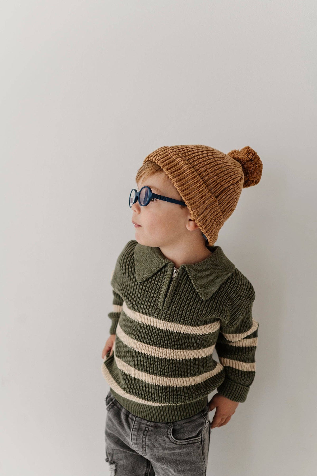 Boys striped quarter zip sweater in moss