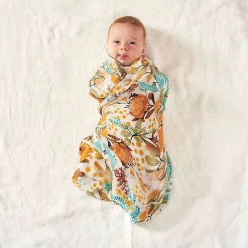 Wattle Wander bamboo and organic cotton baby swaddle soft breathable front view