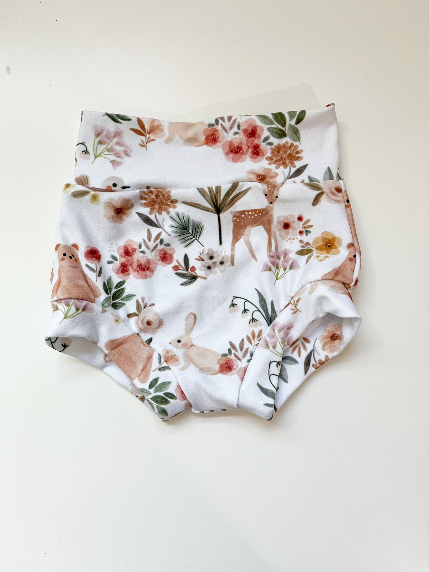 Floral woodland baby bummies soft cotton diaper cover with nature print front view