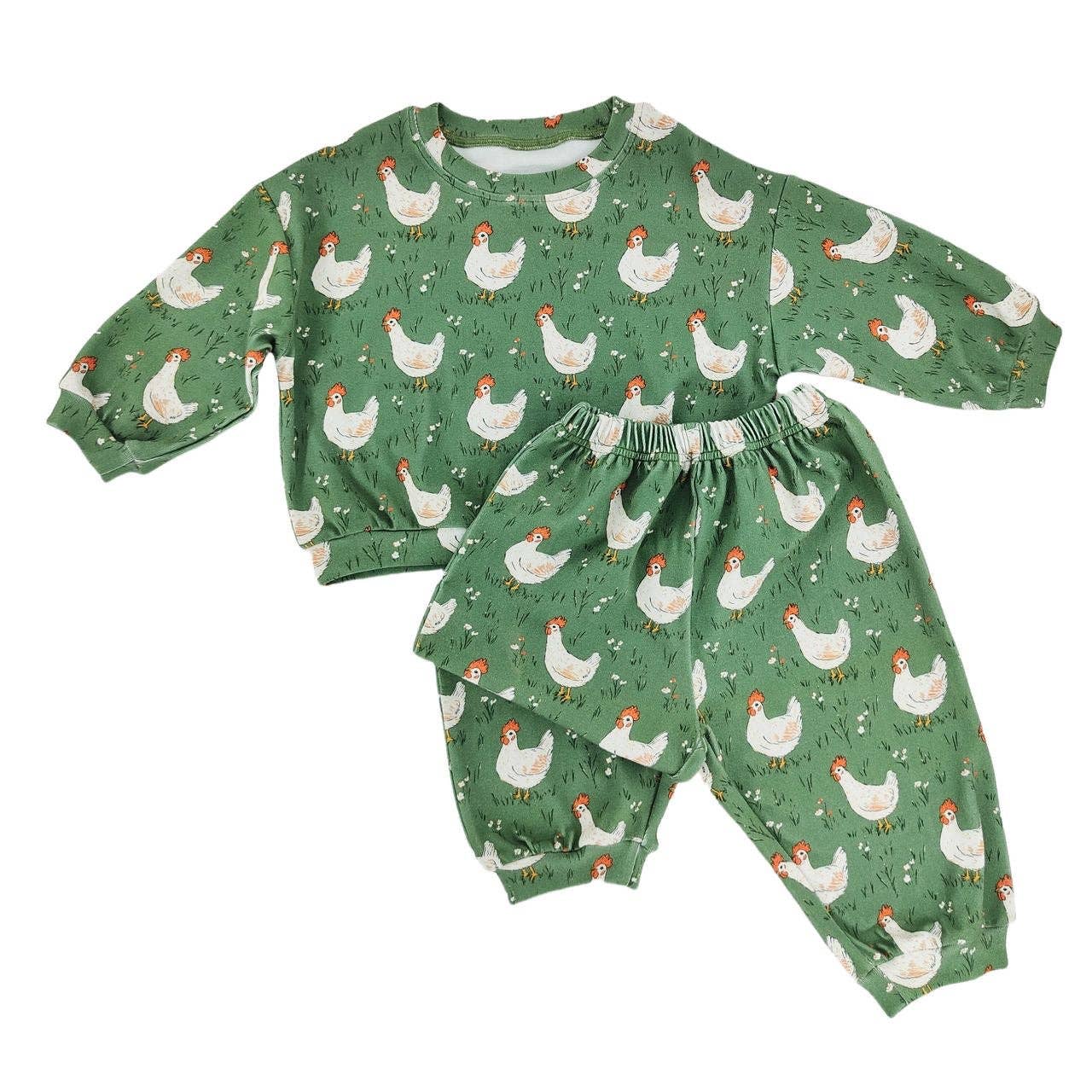 Spring Chicken sweatsuit for kids soft matching set with chicken print front view