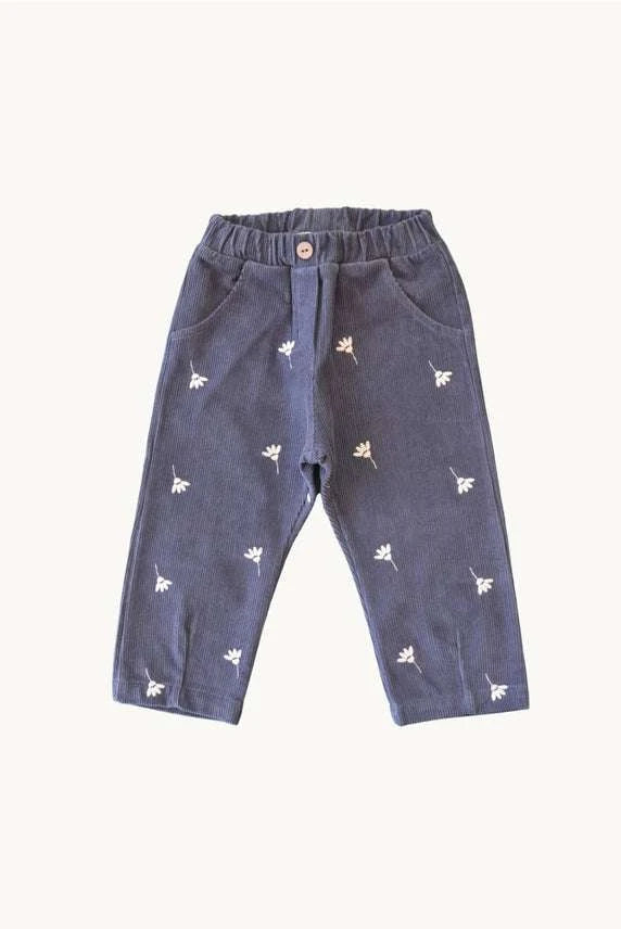 Girls floral embroidered corduroy pants close up embroidery detail