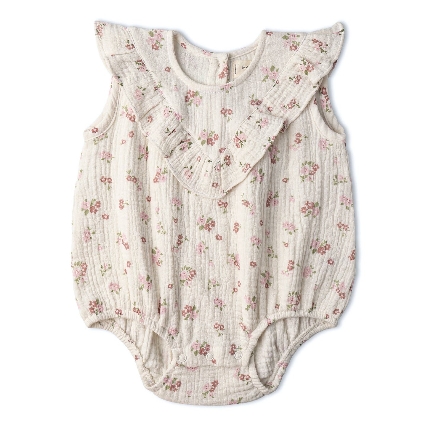 Maude organic ruffle baby romper close up ruffle detail