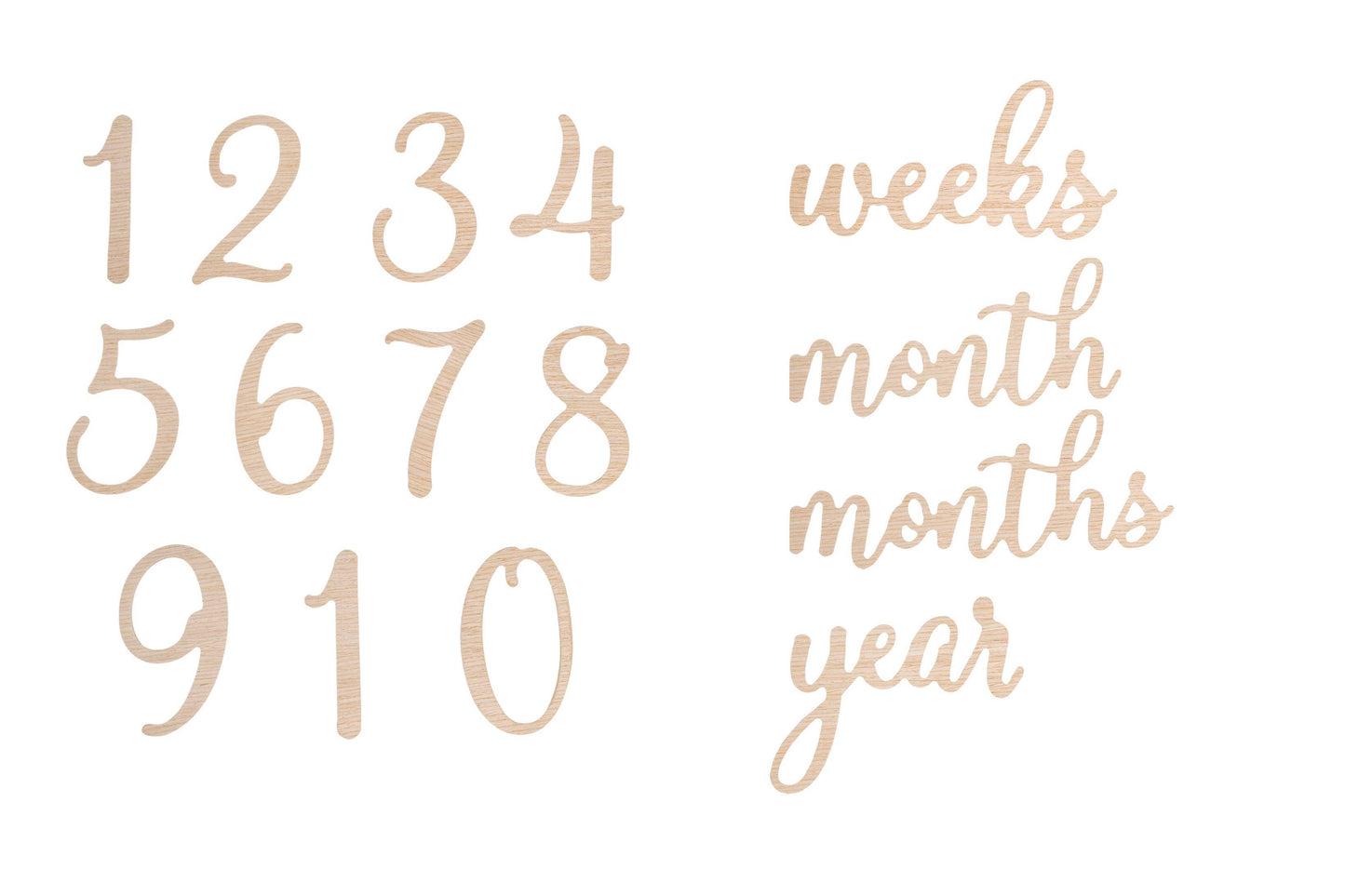 Wooden milestone photo prop numbers and words set for baby photoshoots front view