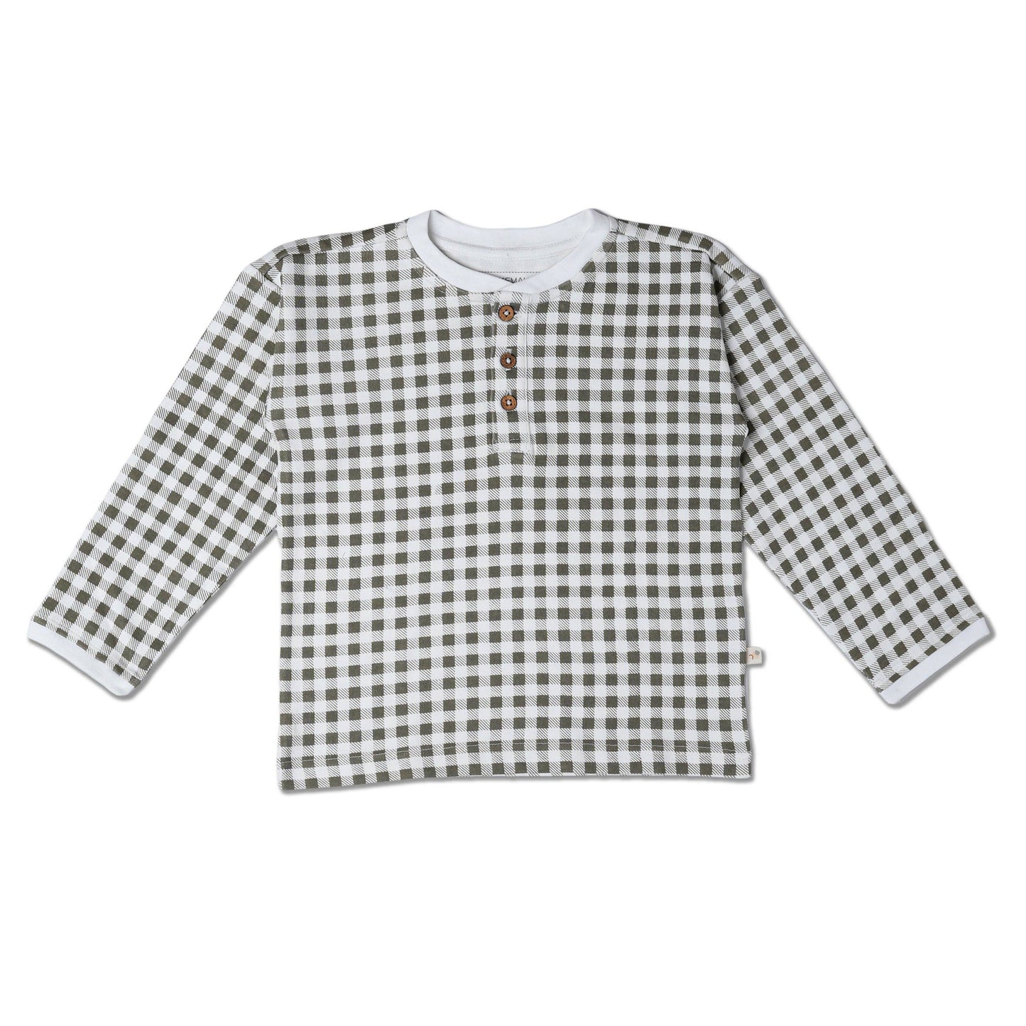 Olive gingham organic cotton henley for kids soft plaid button front view