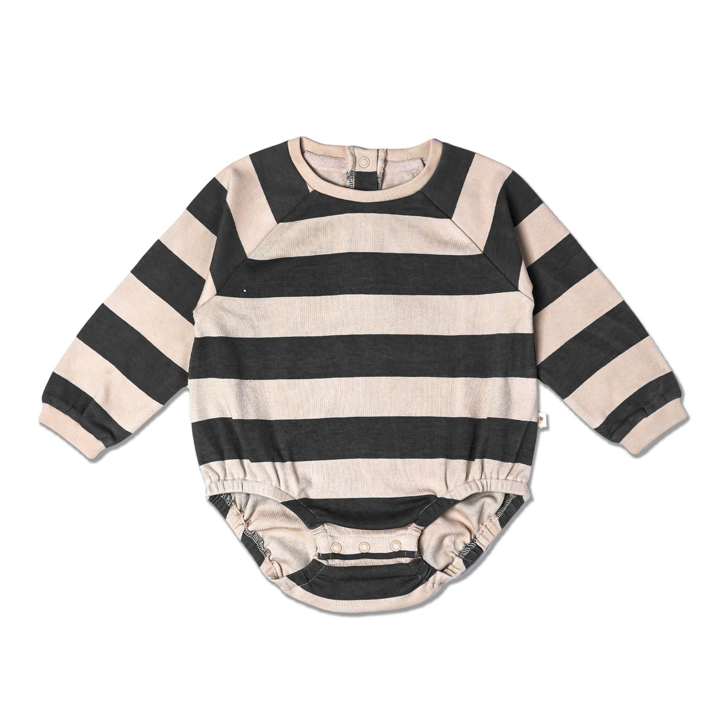 Organic long sleeve bubble romper in bold stripes for babies soft cotton front view