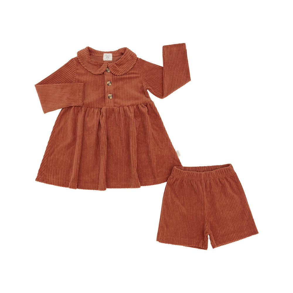 Campfire corduroy dress with shorts in pumpkin for girls soft boutique front view