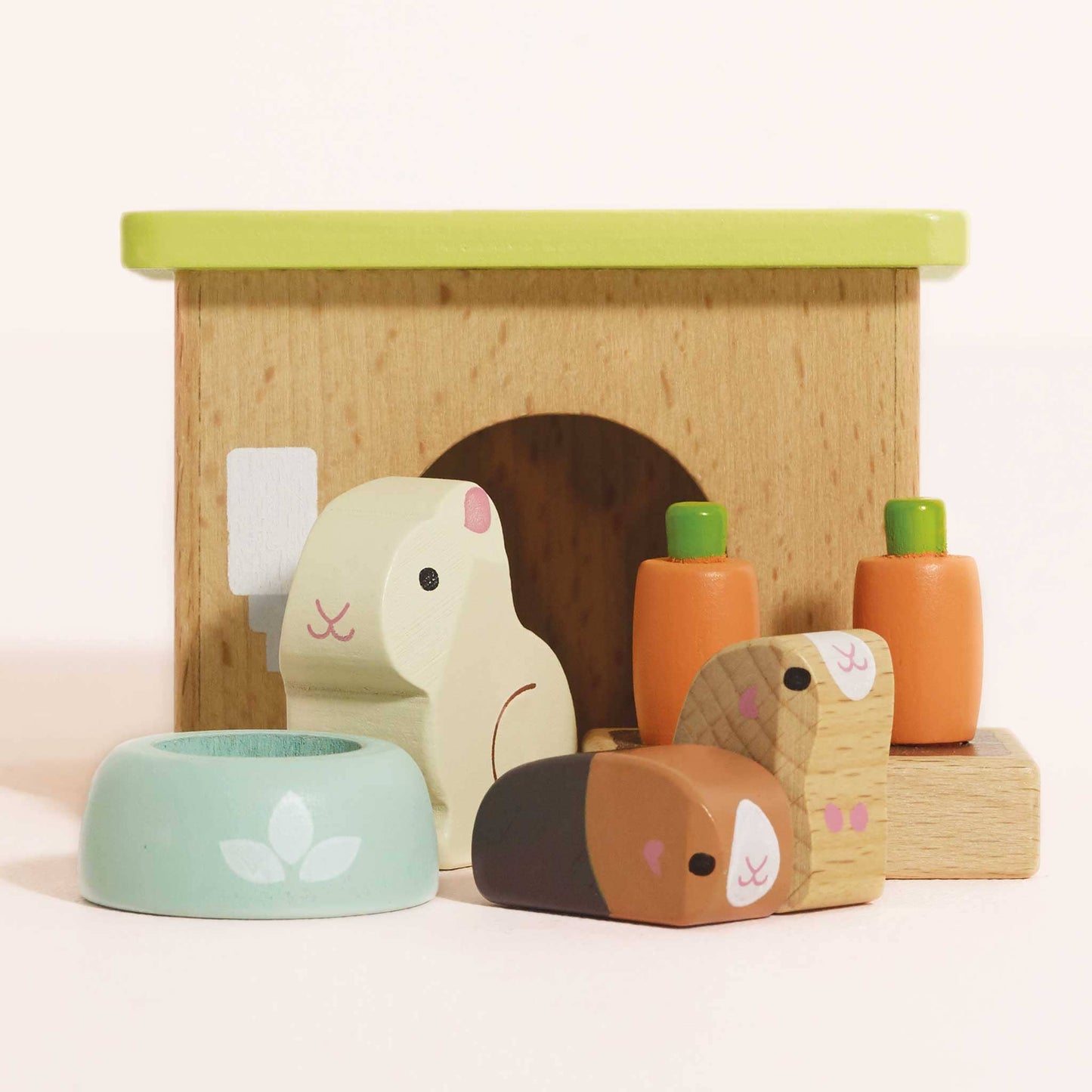 Wooden bunny and guinea pig pet animal set for kids pretend play front view