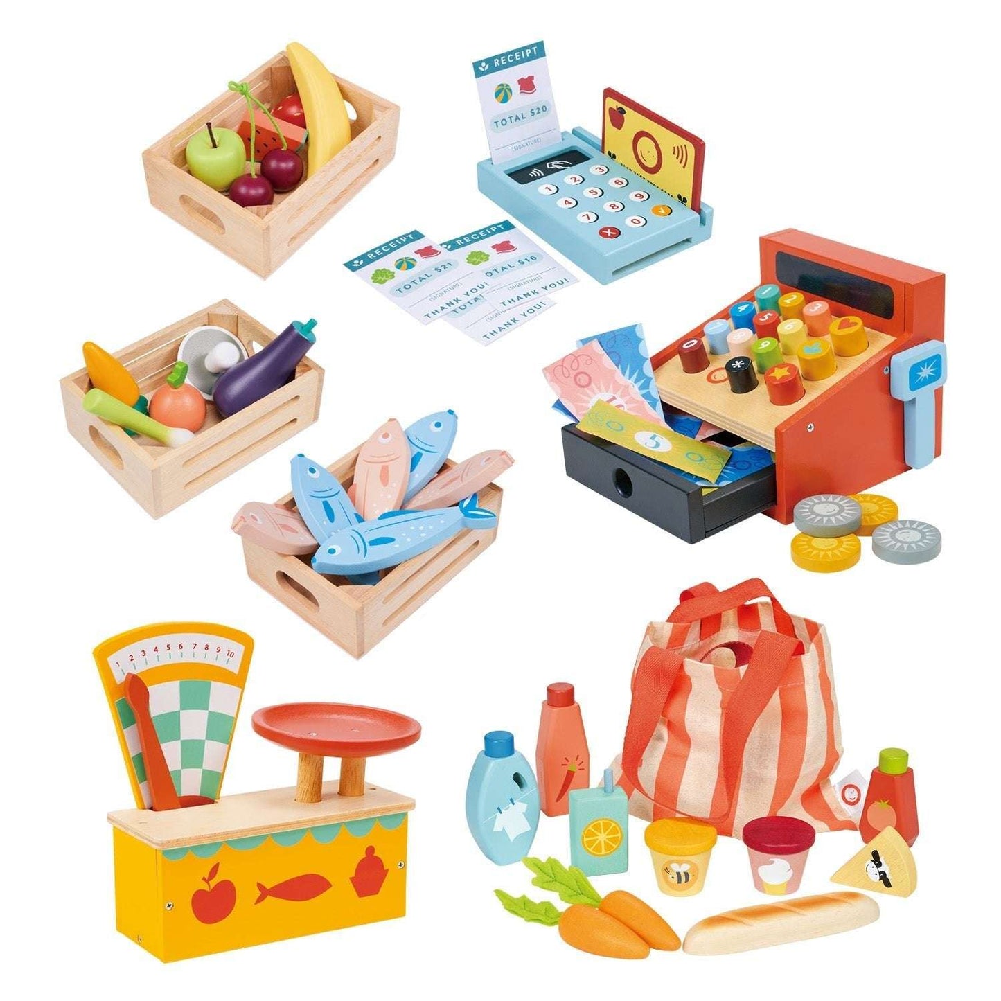 Market day necessities kids wooden shopping play set boutique front view