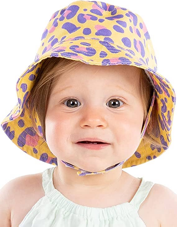 Leopard print bucket hat for babies ages 0 to 12 months soft summer front view