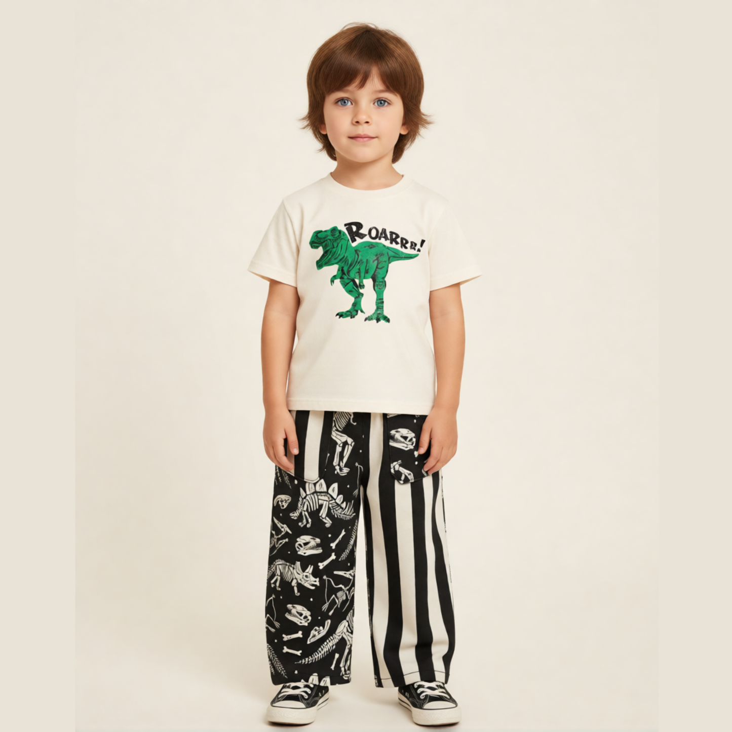 Boys baggy dinosaur pants in black and bone stripe made in USA French terry side view