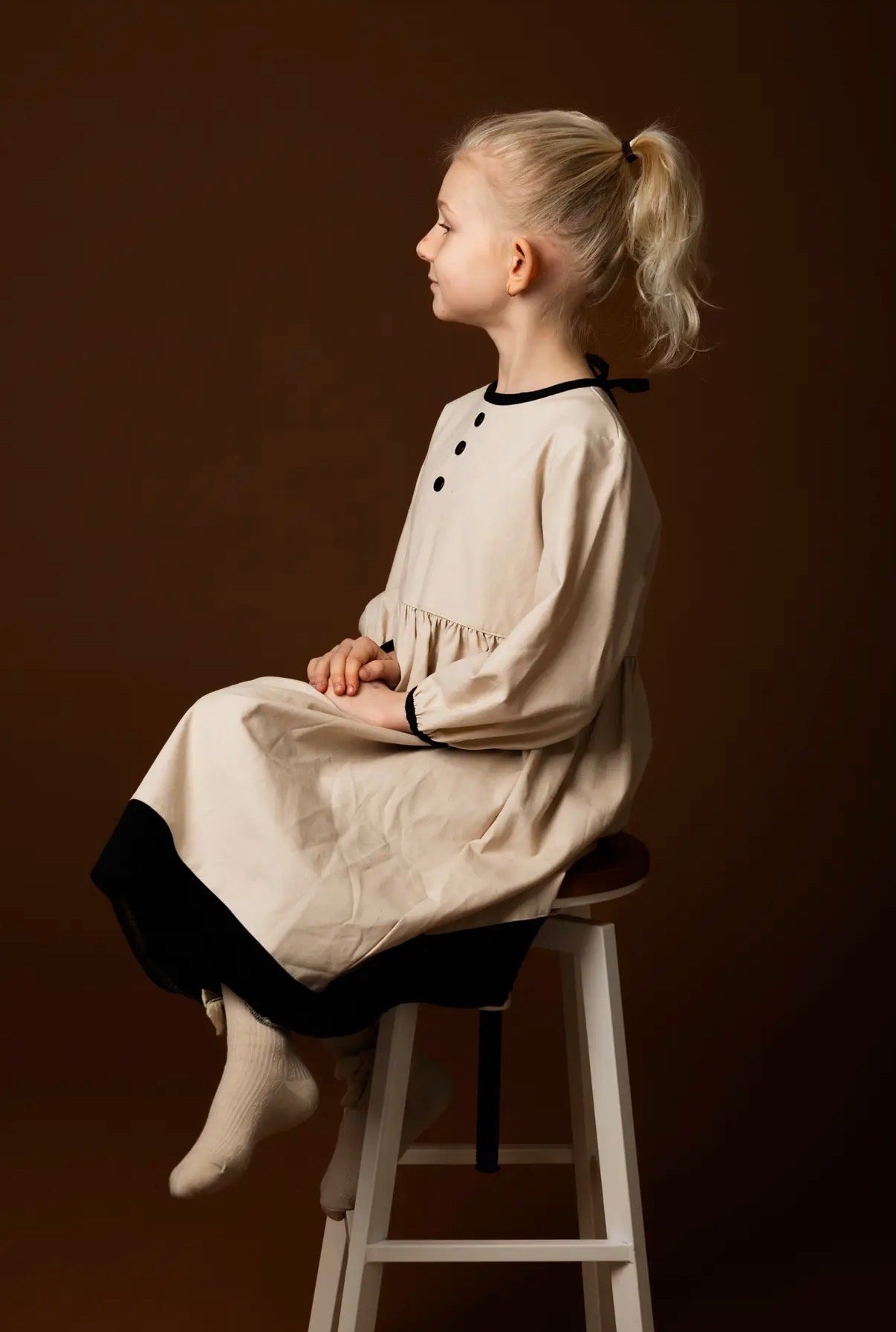 Toddler vanilla bean linen dress side view detail