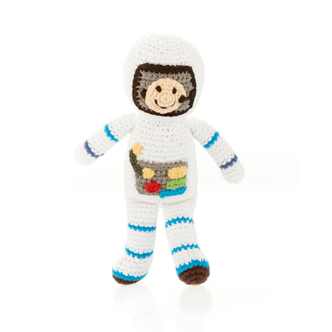 Cotton astronaut rattle for babies soft crinkle toy front view