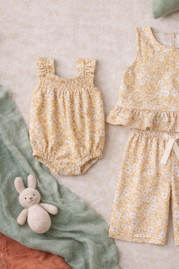 Baby yellow ruffle organic romper worn lifestyle view