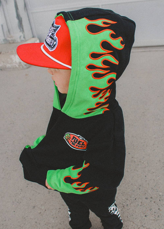 Boys organic cotton bamboo hoodie with Fuel the Fun graphic on back lifestyle view