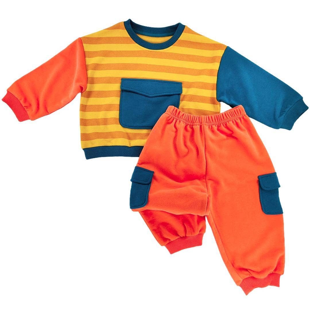 Bright retro set for kids colorful matching sweatshirt and pants front view