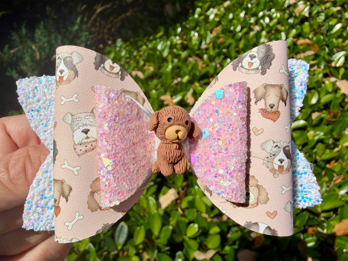 Puppy dog hair bow for girls handmade 4 inch OEKO-TEX vegan leather front view