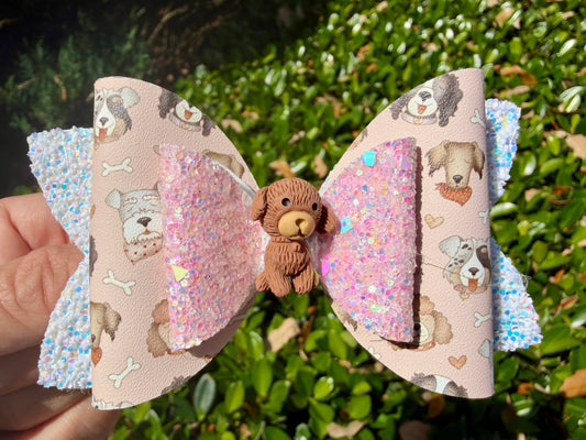 Puppy dog hair bow for girls handmade 4 inch OEKO-TEX vegan leather front view