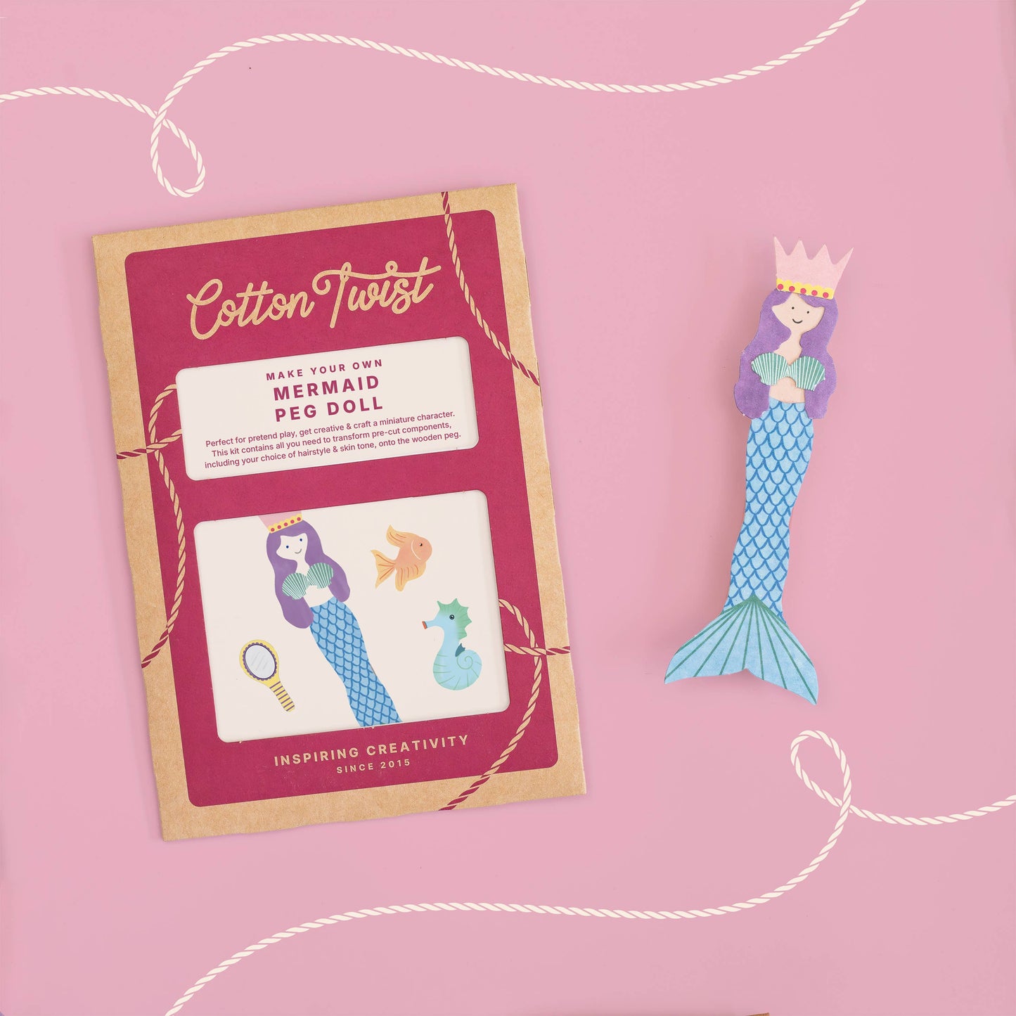 Make your own mermaid peg doll craft kit for kids front view