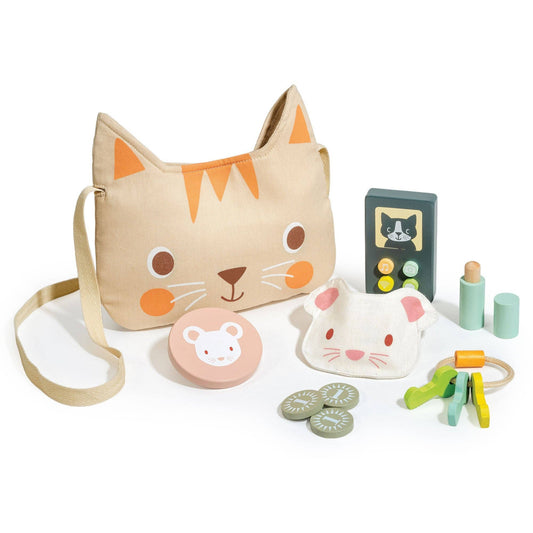 Wooden kitten handbag pretend play set
