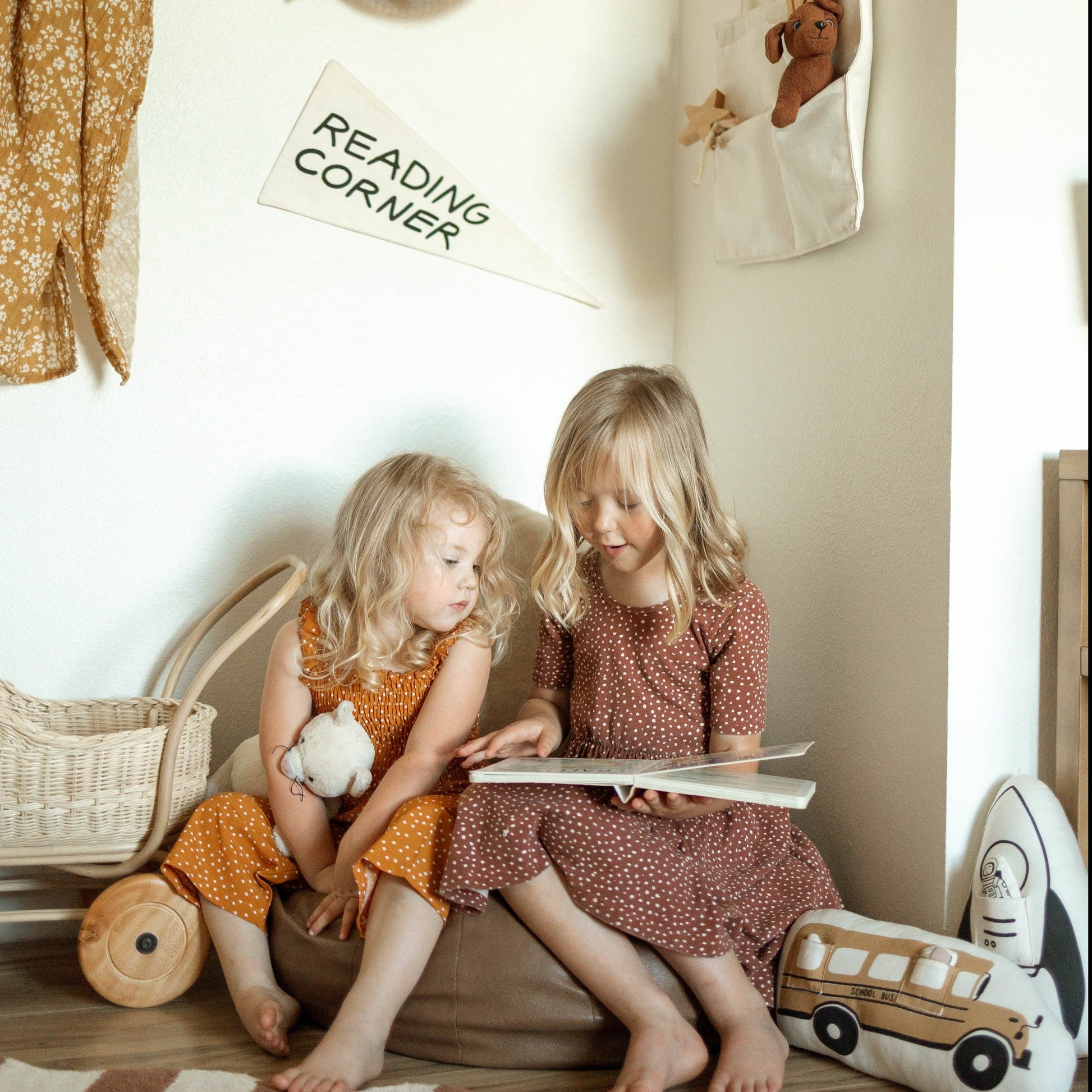 Reading Corner kids room pennant in natural canvas with black and white screen print lifestyle