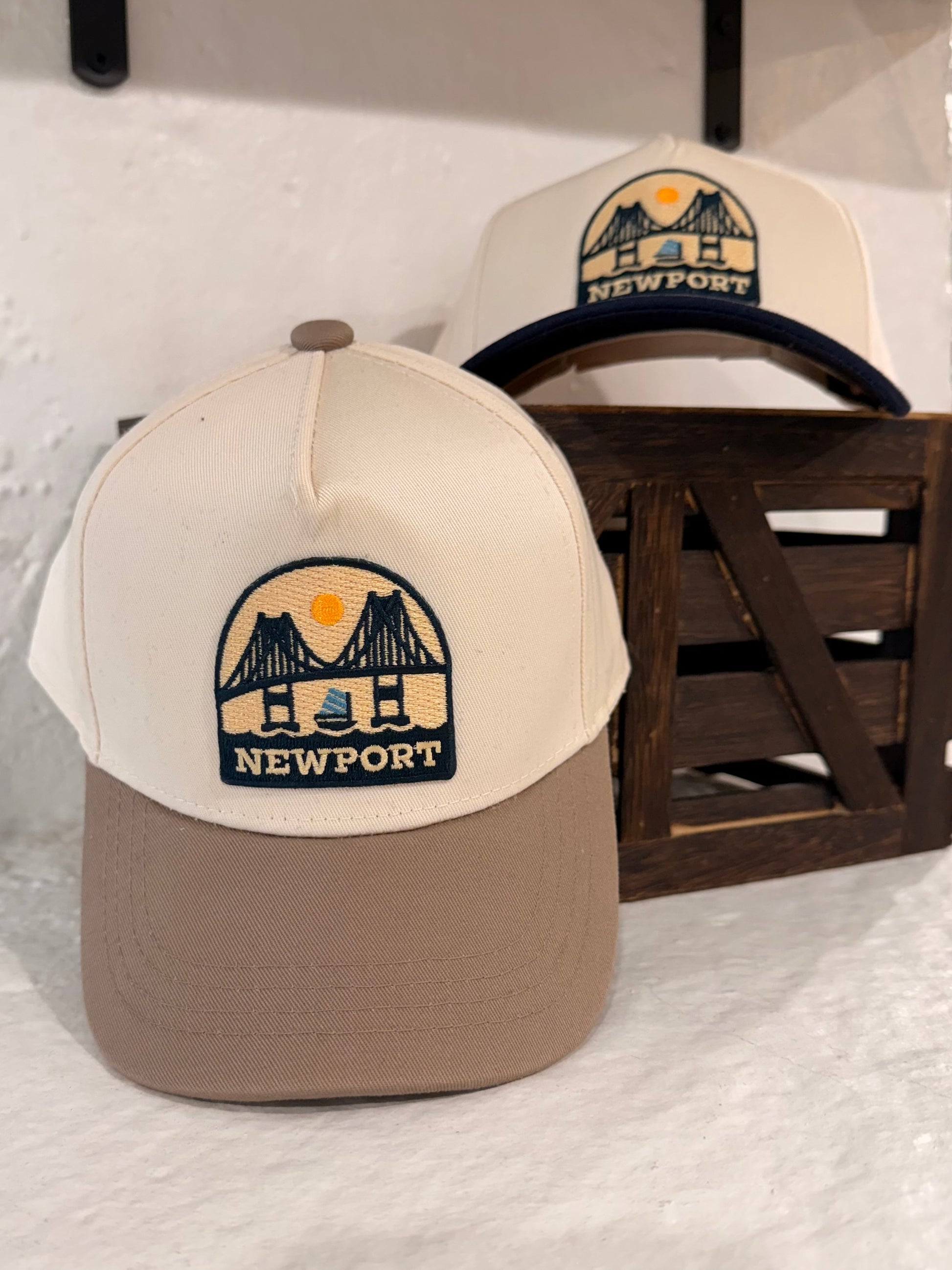 Sunwray Newport Bridge patch kids boutique hat styled on wooden display