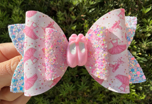 Ballet slipper hair bow for girls sparkly pink white vegan leather 4 inch front view