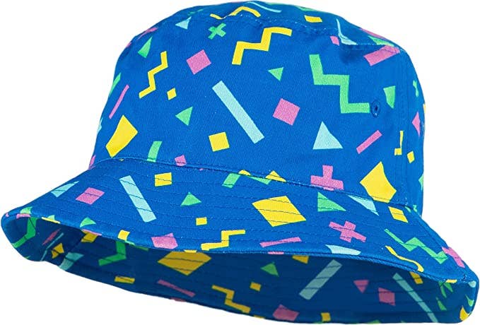 Blue 90s print bucket hat for babies ages 0 to 12 months soft summer front view