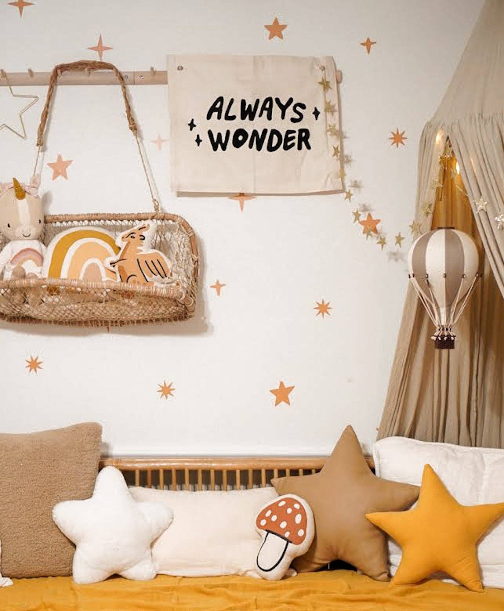 Always Wonder canvas wall banner by Kenyan artisans styled in creative kids space