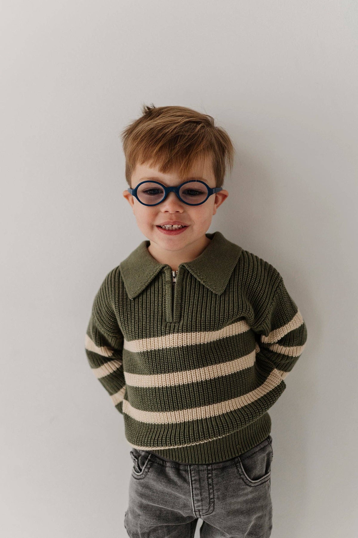 Boys striped quarter zip sweater in moss