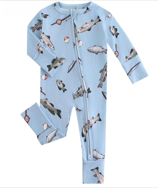 Fishing print bamboo baby pajamas front view