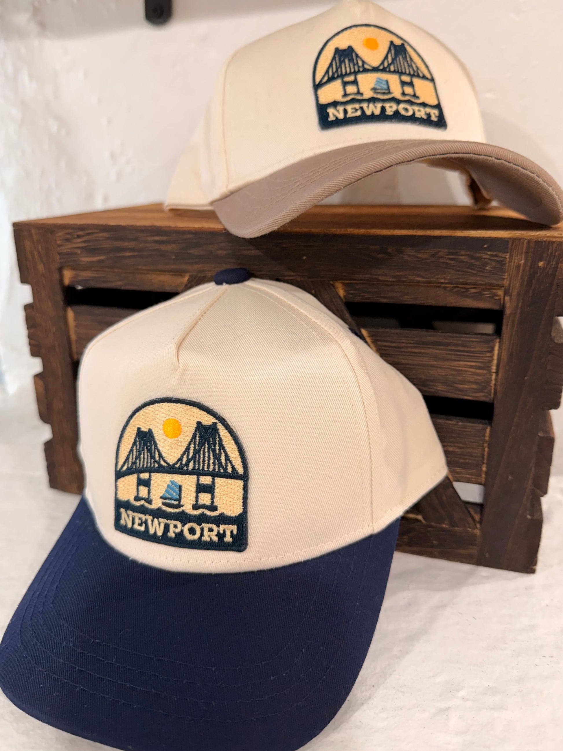 Sunwray Newport Bridge patch kids boutique hat flat lay product view