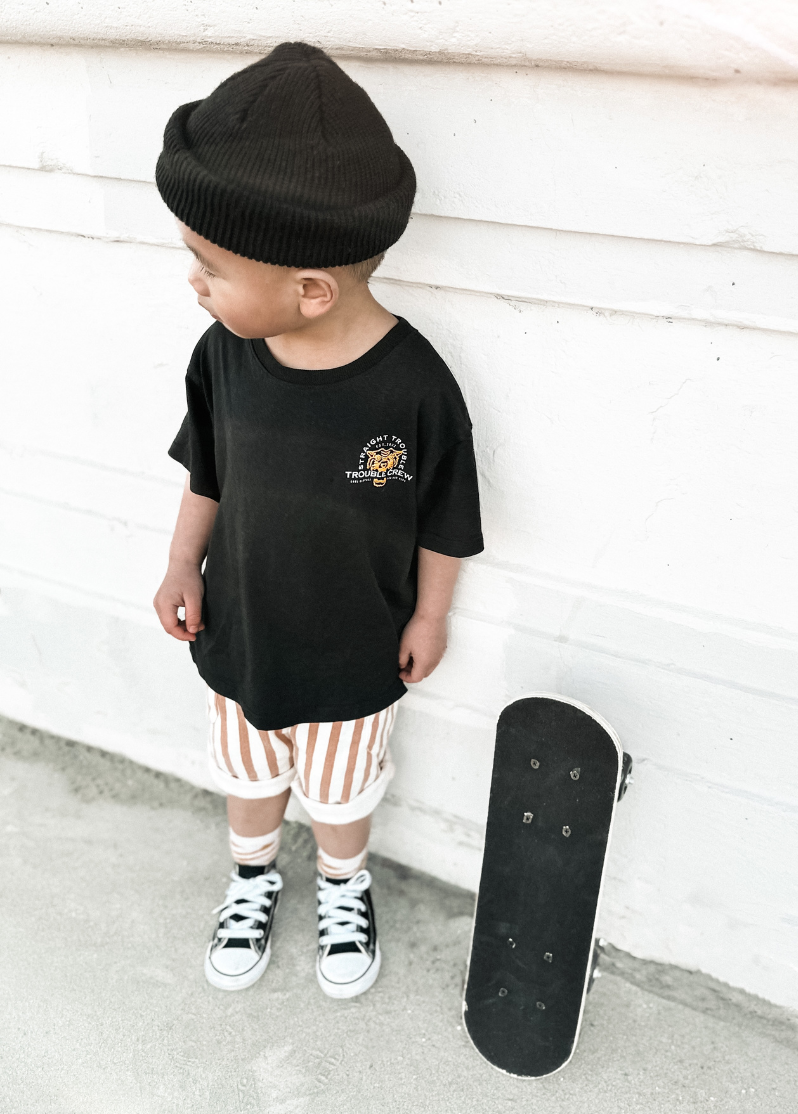 Kids sustainable Trouble Crew t-shirt with lived-in slouchy fit back view