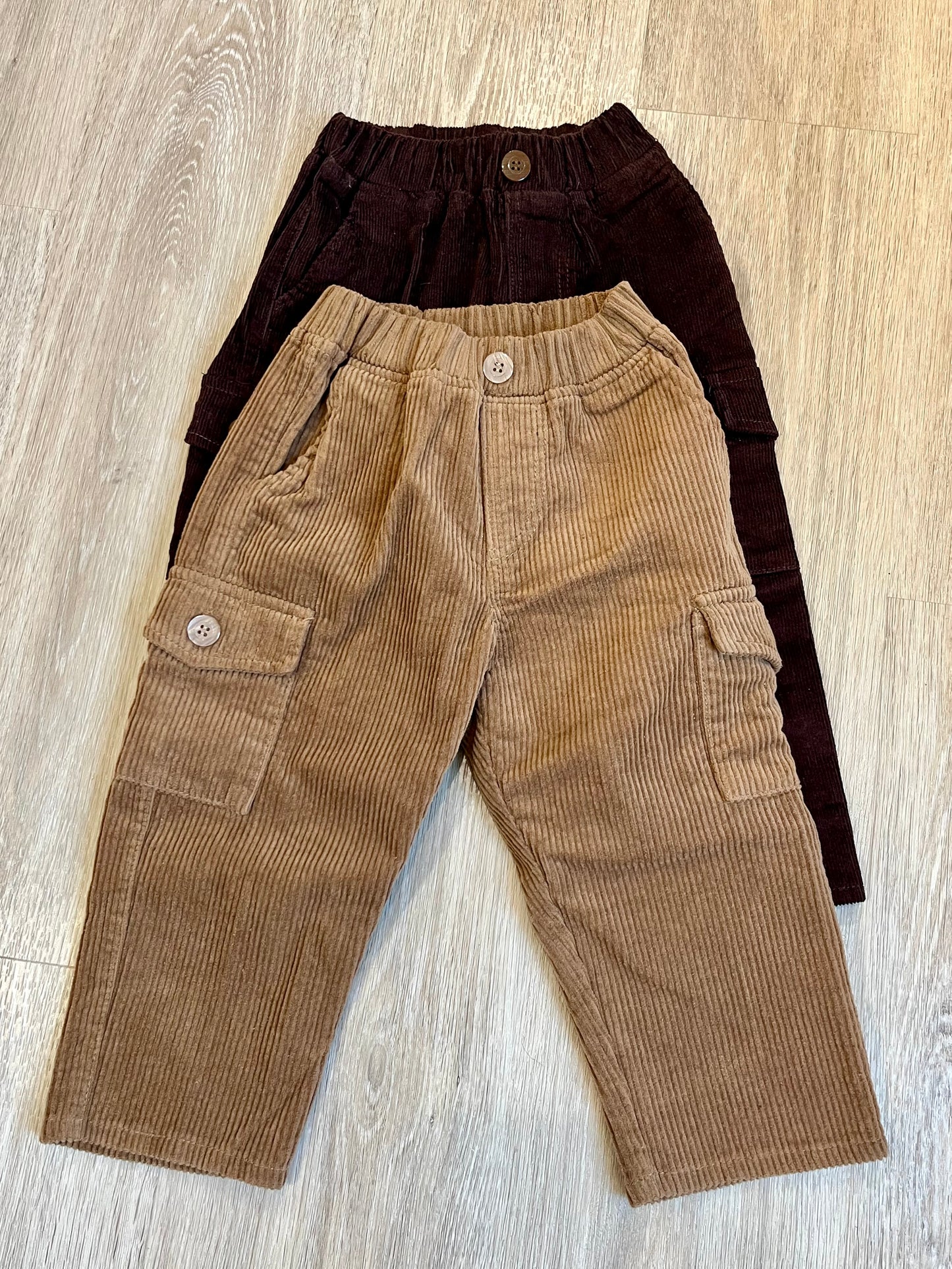 Corduroy river cargo pants for kids soft stretch with pockets front view