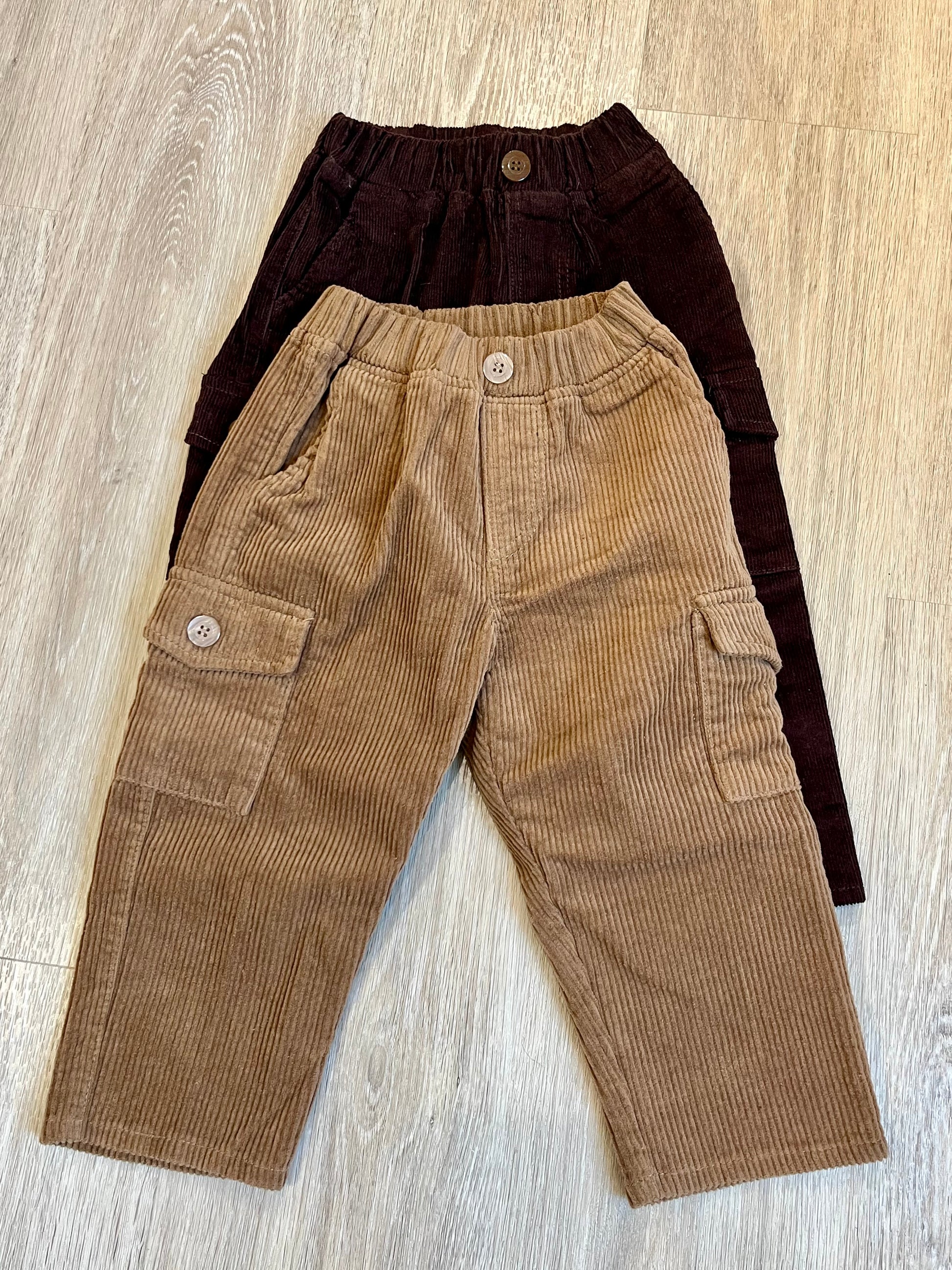 Corduroy river cargo pants for kids soft stretch with pockets front view