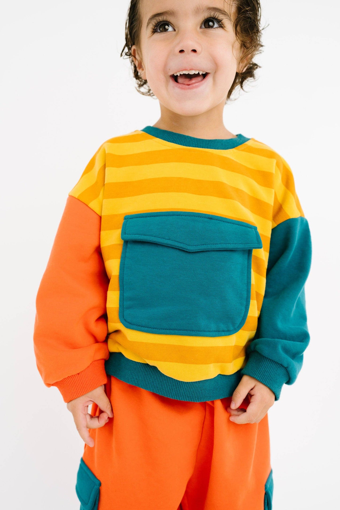 Bright retro toddler matching set close up fabric and color detail