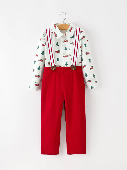 Christmas shirt and suspender pants set for boys