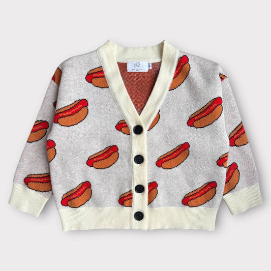 Hot Dog! cardigan for kids in cozy angora with exclusive novelty print front view