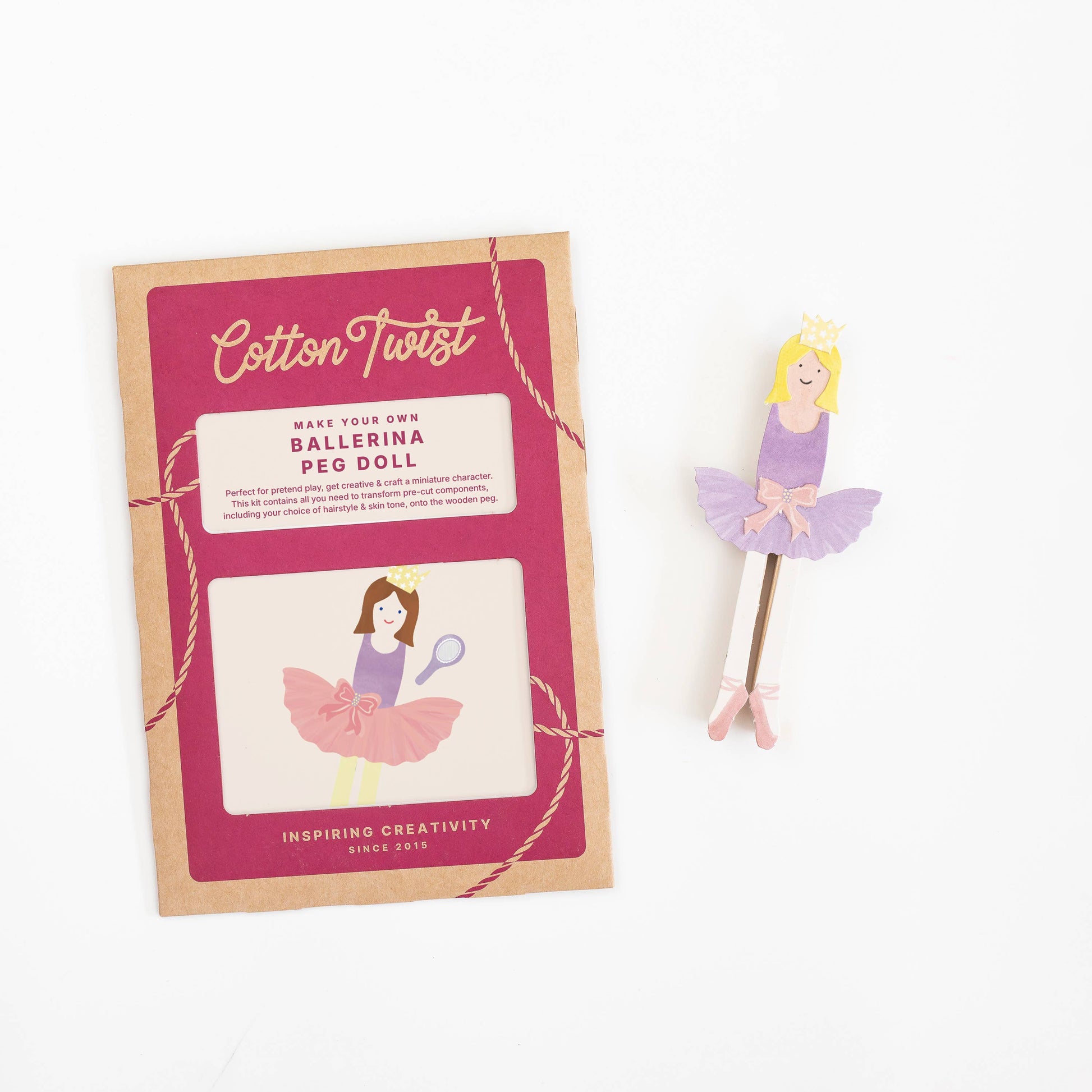 Ballerina peg doll craft kit flat lay product view