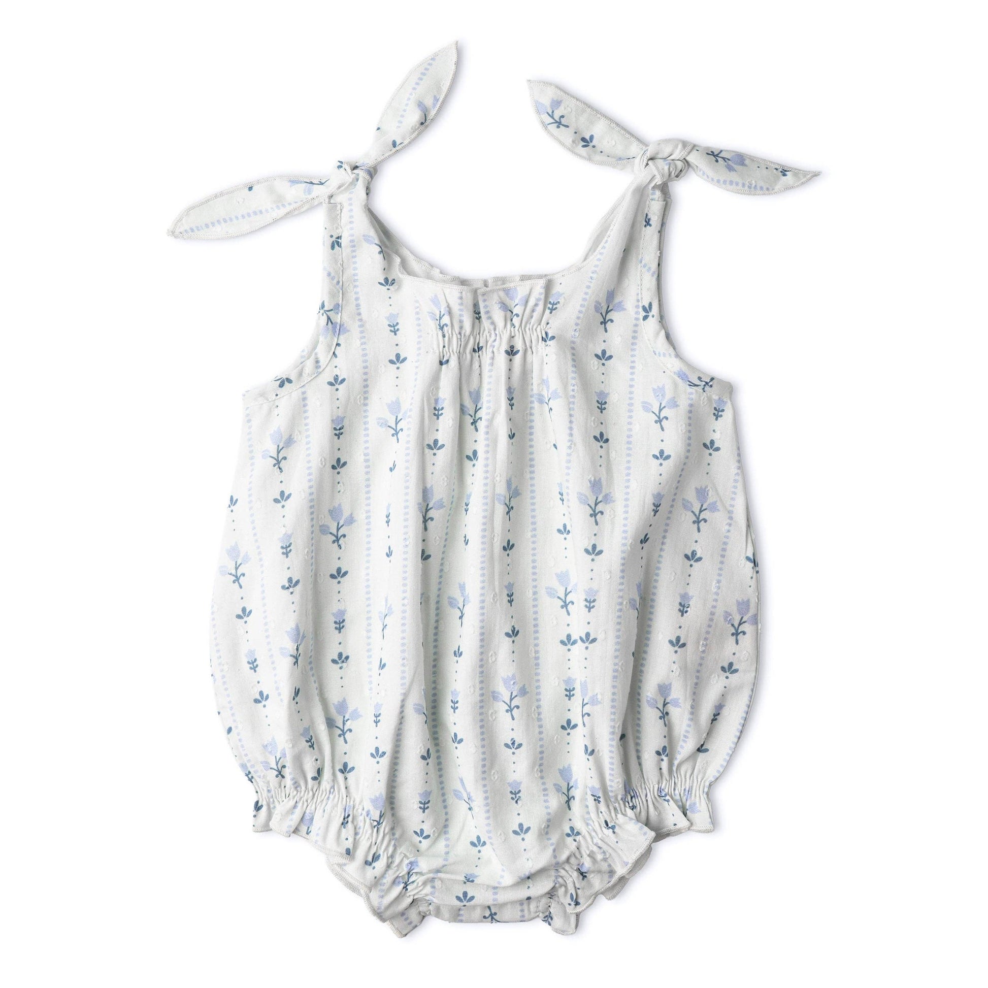 Baby tie shoulder organic romper worn lifestyle view